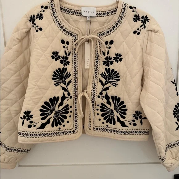 Cream Quilted Jacket with Black Floral Embroidery NWT - Picture 2 of 6